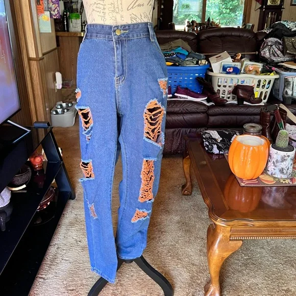 High Rise Jeans for Women Trendy 90s Denim Straight Leg Jeans orange thread rips - Picture 9 of 16